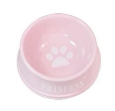 a pink bowl with a paw print on it