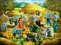 this is a painting of people and animals in a field with fruits, vegetables, and hay