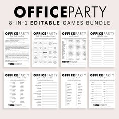 the office party printable game bundle is shown in black and white, with an image of