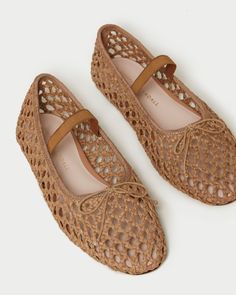 Loeffler Randall | Leonie Natural Crochet Ballet Flat l Flats l Footwear Crochet Ballet, Soft Ballet Flats, Black Leather Ballet Flats, Brown Crochet, Brown Flats, Black Gloves, Black Ballet Flats, Womens Ballet Flats, Braided Strap