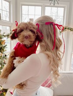 a woman holding a small dog in her arms