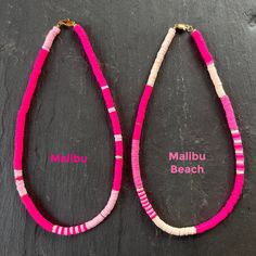 Limited edition pinktastic heishi bead necklace will have you feeling like a doll! Perfect for lounging at your Malibu Dream House or cruising in a pink convertible. 17 inches long 6mm soft vinyl and gold-plated Heishi beads Libby & Smee exclusive style Malibu: bright pink and baby pink Malibu Beach: bright pink, peony pink and pale blush flexible heavy-duty beading wire gold-plated lobster claw closure, crimps, crimp covers (lead-free and nickel-free) all Libby & Smee beaded necklaces come pack Heishi Bead Necklace Ideas, Heishi Bead Necklace, Pink Jewelry For Beach Season Vacation, Pink Jewelry For Vacation And Beach Season, Pink Heishi Beads Necklace With Tiny Beads, Pink Heishi Beads Necklace, Pink Tiny Beads Necklace For The Beach, Handmade Pink Heishi Beads Necklace, Pink Necklaces With Colorful Beads For Vacation