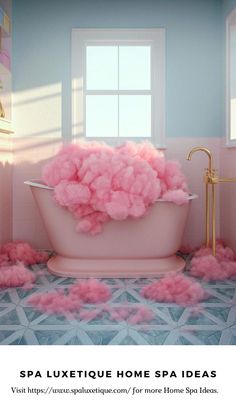 a bathtub filled with pink cotton floss next to a window