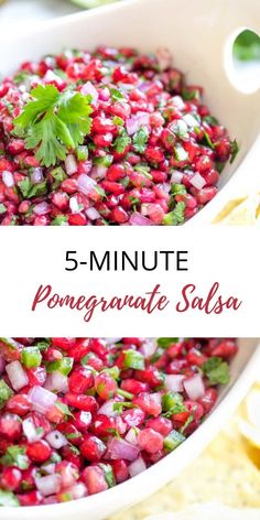 pomegranate salsa in a white bowl with cilantro and parsley