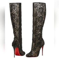 Christian Louboutin Tennissina 100mm Lace Pattern Boots Super Comfy Rare 100% Authentic Gorgeous Black Louboutin Lace Boots With Leather Trim At Top, Covered Heels And Zip Closures At Sides. Great Addition To Your Wardrobe New Never Worn Includes Box And Dust Bag Circumference: 14.5" Calf Circumference: 12" Shaft: 15.5" Heels: 4.25" Size Eu 37 Please Note European Sizes Run A Half To Whole Size Smaller Pertaining To Style Black Louboutins, Pattern Boots, Black Lace Heels, Louboutin Boots, Christian Louboutin Boots, Fashion Shoes Heels, Boots Patterns, Louboutin Heels, Christian Louboutin Heels