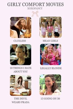 Clueless Movie Aesthetic, Films And Series To Watch, Movies Every Girl Should Watch, It Girl Movies List, Mean Girls Movie Aesthetic, Girly Comfort Movies, Movies Like Mean Girls To Watch, Girl Aesthetics List, Comfort Movies Aesthetic