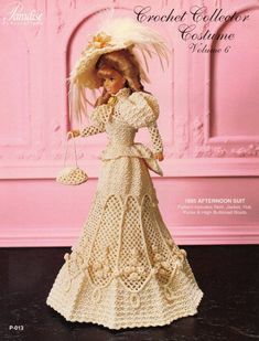 a crocheted dress and hat is featured in the knitting pattern for this doll