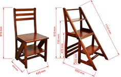 two wooden chairs are shown with measurements for each chair and the other one has a ladder on it