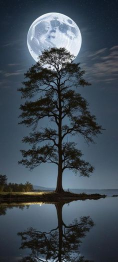 a full moon is reflected in the water with a tree on it's side