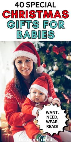 a woman holding a baby in her arms with the words 40 special christmas gifts for babies