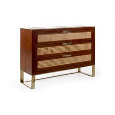 the sideboard is made from wood and has two drawers with rattans on each drawer