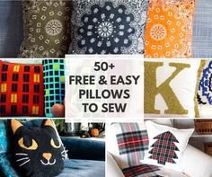 pillows with the words 50 + free and easy pillows to sew on them in different styles