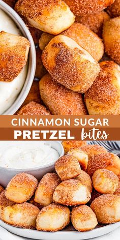 cinnamon sugar pretzel bites on a plate with dip