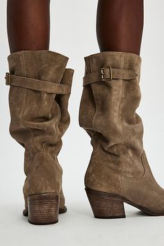 Get that authentic boho vibe with these super slouchy suede boots, featuring a pointed toe and buckle details for an extra chic look. **Fit:** Extra slouchy **Features:** Tall style, suede fabrication, pointed toe, buckle detail at topline, chunky block heel, pull-on design **Why We | Extra Slouch Boots by FP Collection at Free People in Taupe Suede, Size: US 8 Slouch Boots Outfit, Tall Slouchy Boots, Slouchy Boots Outfit, Boho Chic Shoes, Dress Boots Outfit, Suede Slouch Boots, Slouchy Suede Boots, Pretty Boots, Ugg Coquette