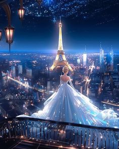 the eiffel tower is lit up at night, with a woman in a white dress looking out over the city