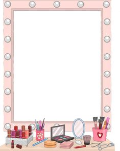 an illustration of a vanity with makeup and cosmetics on it's table, including a mirror