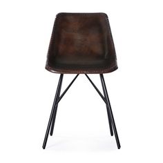 a brown leather chair with black legs and an iron frame, on a white background