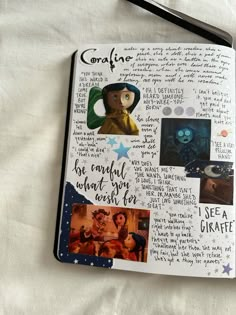 an open notebook with pictures and writing on it