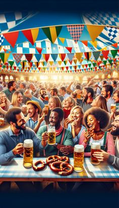 a group of people sitting at a table with beer and pretzels in front of them