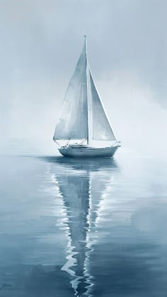 a painting of a sailboat in the ocean on a foggy day with reflections