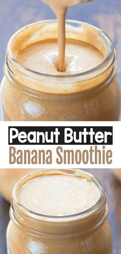 peanut butter banana smoothie in a mason jar with a spoon sticking out of it