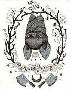 a black and white drawing of a cartoon character wearing a hat with the words spook at life on it