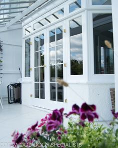 a white house with purple flowers in the foreground and sky reflected in the windows