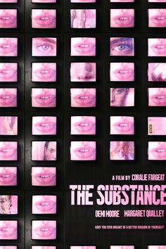 the substance movie poster with multiple images of people's faces and eyes, all in pink