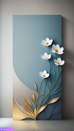 an abstract painting with white flowers on a blue and gold background, in the middle of a room