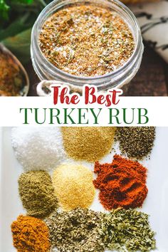 the best turkey rub recipe in a glass jar with spices and seasoning on top