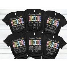 six teacher shirts with different sayings on the front and back, all in black