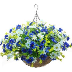 blue and white flowers in a hanging basket