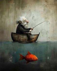 an old man in a boat with a fish on the water and another goldfish