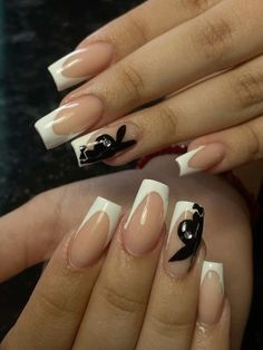 Playboy Bunny Nails Art, Y2k Easy Nails, White And Black Acrylics, Cop Nails, Y2k Nails Simple, Nail Inspo Emo, Play Boy Nails, Playboy Acrylic Nails, Skater Nails