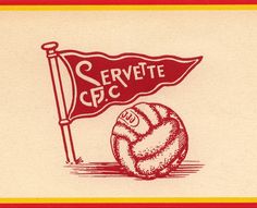 a red and white postcard with a volley ball on the ground next to a flag