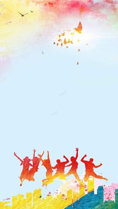 children are jumping in the air on a rainbow colored background with birds flying above them