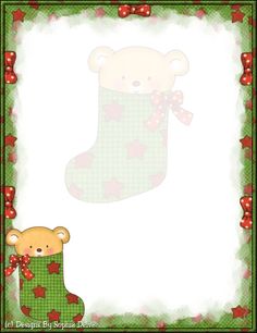 a christmas stocking with a teddy bear in it next to a red and green boot