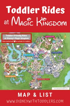 the disney world map for toddler rides at magic kingdom with text overlaying it