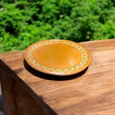 a brown plate sitting on top of a wooden table next to green bushes and trees