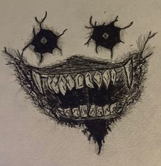 a drawing of an evil clown's face with two eyes and one eye missing