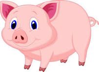 a pink pig with big blue eyes standing