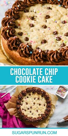 chocolate chip cookie cake with sprinkles on top, and in the middle