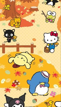 an image of hello kitty and other cartoon characters in the fall season with leaves on the ground