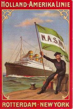 an old postcard with a man holding a flag and a ship in the background