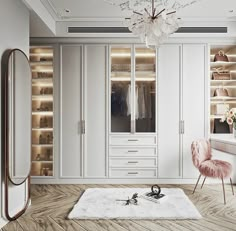 an elegant dressing room with white walls and wooden flooring, chandelier and pink chair