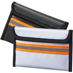 an orange and white striped wallet with black trims on the front, and grey stripes on the back