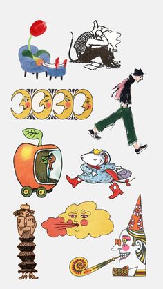 an image of various stickers that include people and animals