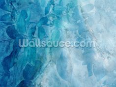 an abstract blue and white painting with leaves on the bottom right hand corner, which has been drawn in watercolor