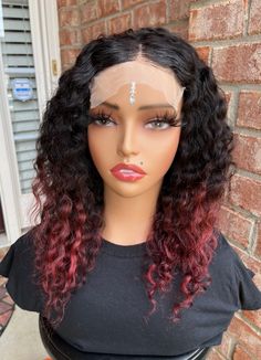 NAME - TREASURE 180% DENSITY BRAZIL CURLY WITH BURGANDY BOTTOM 5X5 CLOSURE WIG MANNEQUIN WEARING 16" CAP SIZE - MEDIUM 21.5 to 23.5 Closure Wig, Curly Wigs, Frontal Wigs, Bangs, Hair Care, Wigs, Beauty Book, Bathing Beauties, Hair