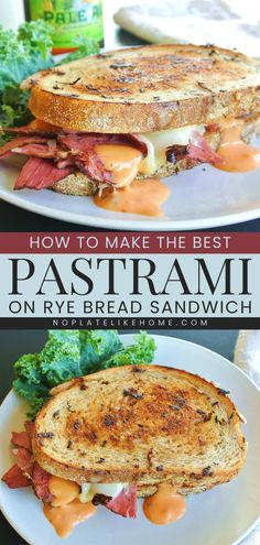 Learn how to make the BEST Pastrami! It's a quick lunch recipe or family dinner idea that's ready in under 10 minutes. Complete with sauerkraut, Swiss cheese, and Russian dressing on grilled Rye bread, this Reuben sandwich is so tasty! Pastrami Panini Recipes, Pastrami Grilled Cheese, Hot Pastrami Sandwich On Rye, What To Do With Rye Bread, Pastrami And Sauerkraut Sandwich, Sauce For Pastrami Sandwich, Pastrami Sandwich With Coleslaw, Cornbeef And Rye Sandwiches